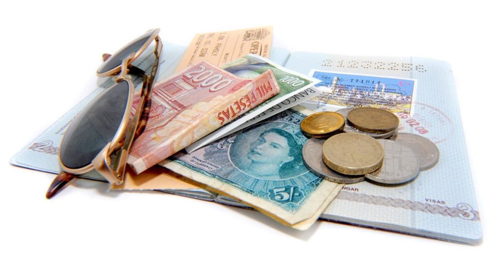 passport, currency, sunglasses,