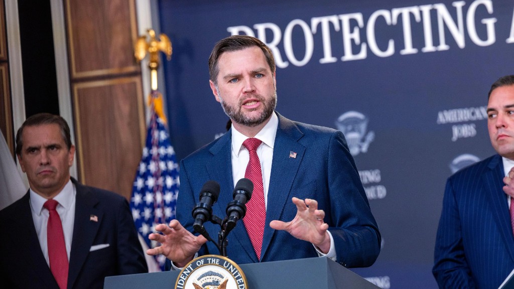 Vice President JD Vance speaking at a White House news conference on protecting American jobs and immigration enforcement
